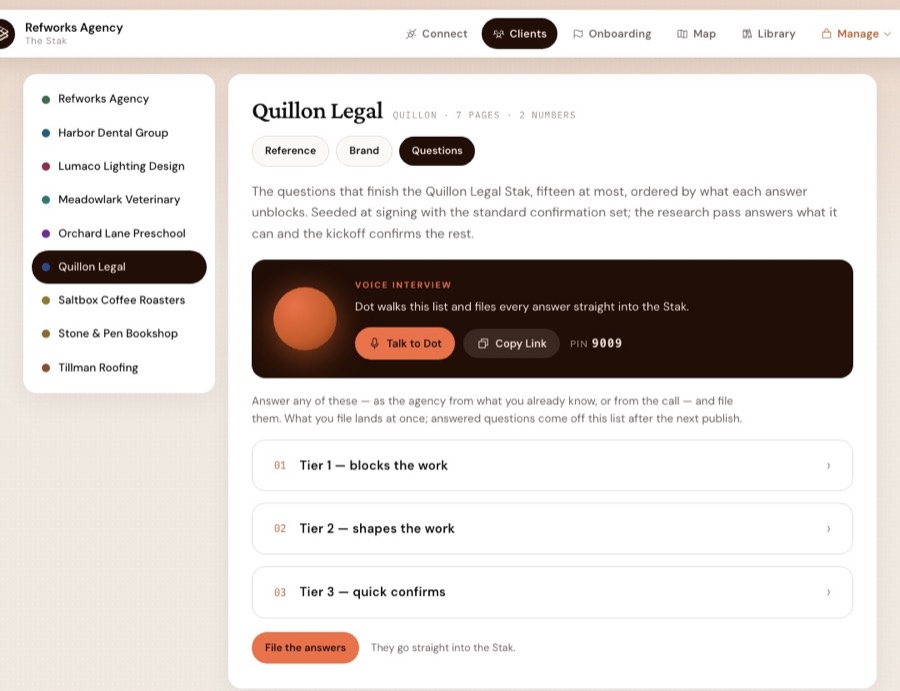 A client's question guide on the Surface: the questions only the client can answer, grouped into three tiers, with a link and PIN for Dot, the voice interviewer