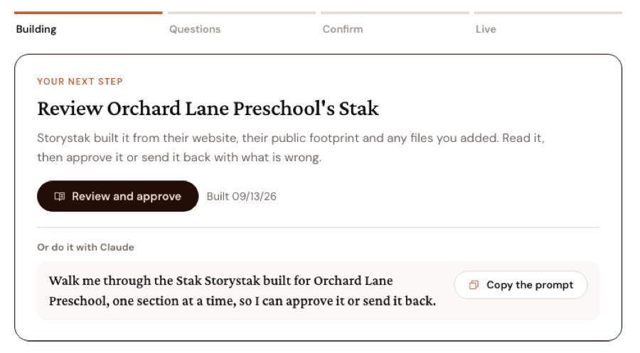 A client's Onboarding tab: the next step, and the same step as a prompt for Claude